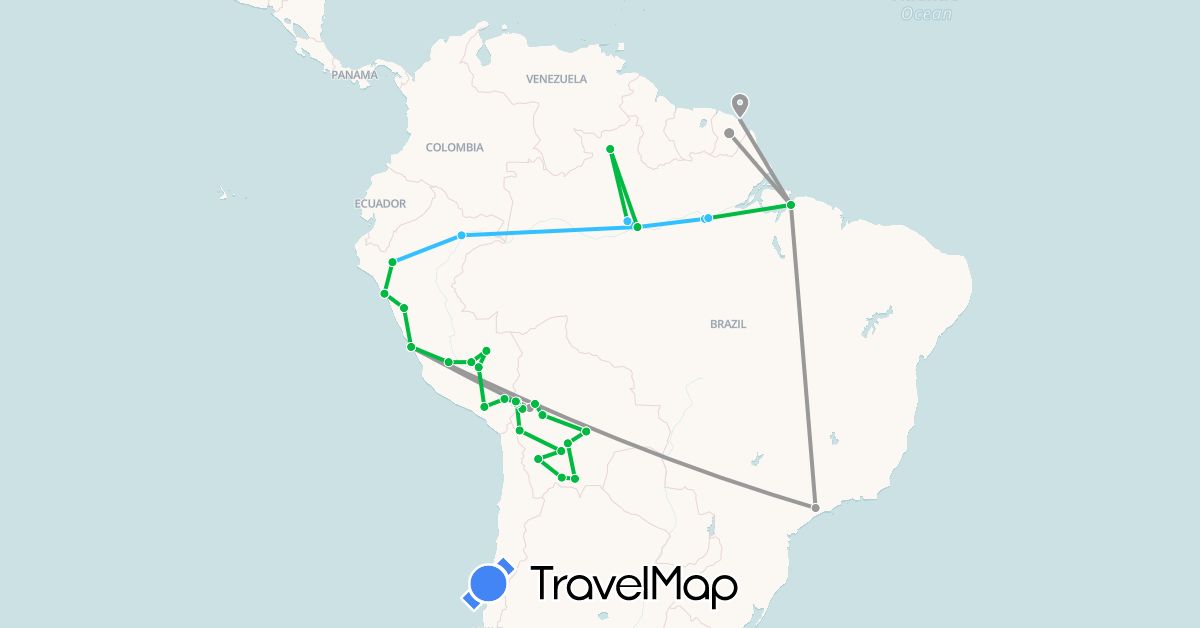 TravelMap itinerary: driving, bus, plane, boat in Bolivia, Brazil, French Guiana, Peru (South America)